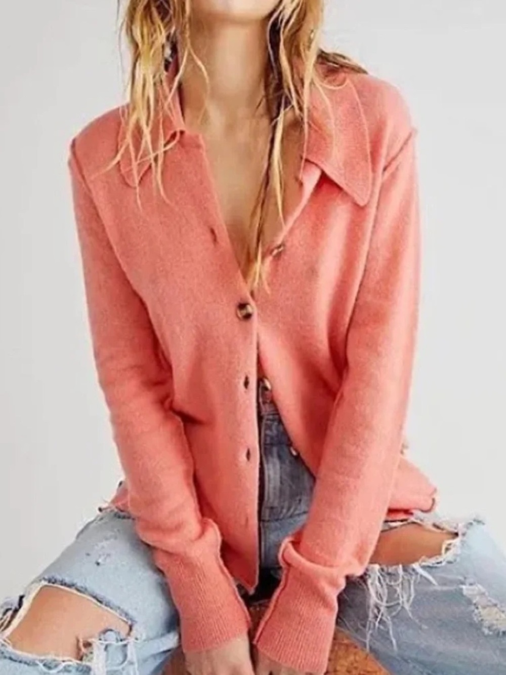 Free People Paloma Coral Button-Front Cardigan 100% Cashmere